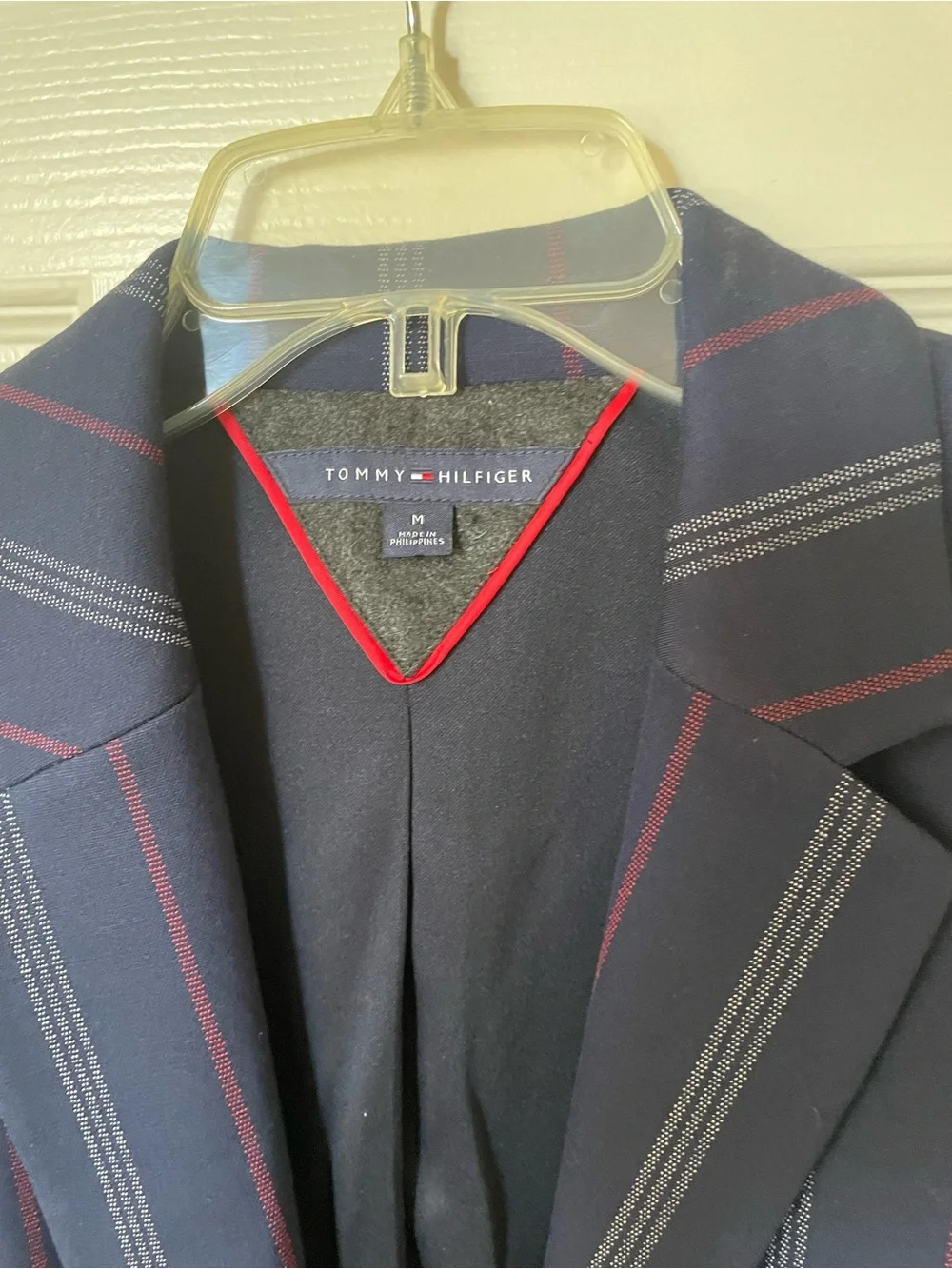 Tommy Hilfiger Navy Blazer with Red and Light Gray Pinstripes fully lined
